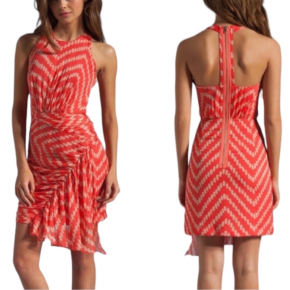 Milly Silk Grace Drape Coral Orange Ruched Racerback Mini Dress - 2